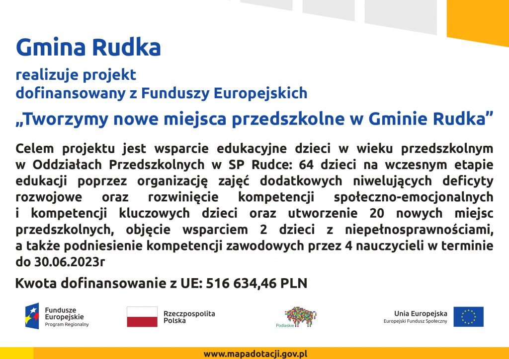 Gmina Rudka realizuje projekt dofinansowany z Funduszy Europejskich „Tworzymy nowe miejsca przedszkolne w Gminie Rudka”